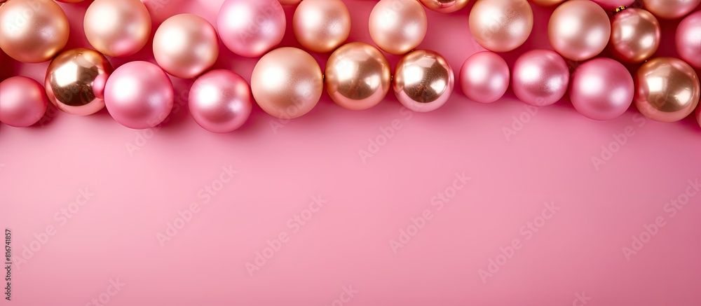 A top view copy space image of a pink background adorned with golden balls perfect for the holiday season including Christmas A top view copy space image of a pink background adorned with golden balls perfect for the holiday season including Christmas