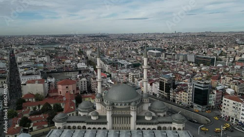 Drone footage of Taksim Mosque (Taksim Camii) in Taksim Square, Istanbul, Turkey photo