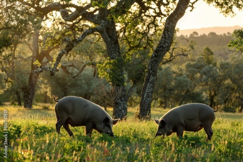 Twilight Grazing: Iberian Pigs Roam in Meadow by Oaks - Generative AI Art