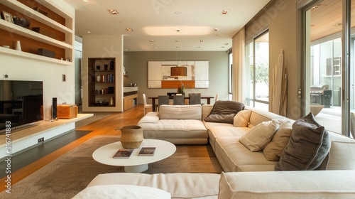 Modern minimal yet elegant living room with tv unit  round coffee table  dinning area on the right   wide widows 