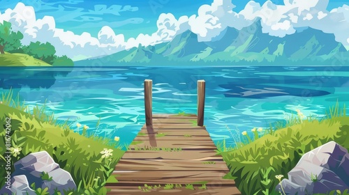 An illustration depicting a sea or lake with a wooden pier. A summer day on a river dock, a beach in an ocean harbor, and an old wharf with green grass. A berth with a boardwalk on a sea bay coast.