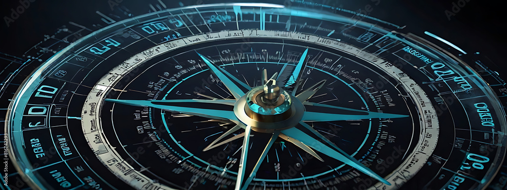 Abstract futuristic digital compass, concept of Mission path and business success, abstract closeup theme
