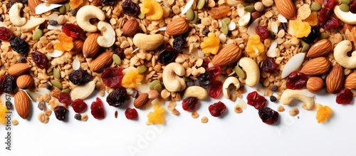 Fototapeta Naklejka Na Ścianę i Meble -  A top down view of homemade granola cereal consisting of oats nuts and dried fruits with a textured oatmeal granola or muesli background There is ample space available for text