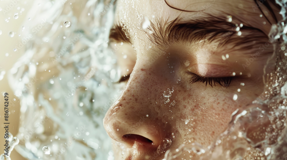 Aesthetic young man face with closed eyes and splashing water, moisturizing concept, beauty advertising. Generative AI Aesthetic young man face with closed eyes and splashing water, moisturizing concept, beauty advertising. Generative AI