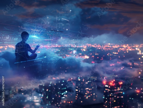 A silhouette of a person meditating amidst a futuristic cityscape with digital elements and glowing lights, symbolizing the fusion of technology and mindfulness