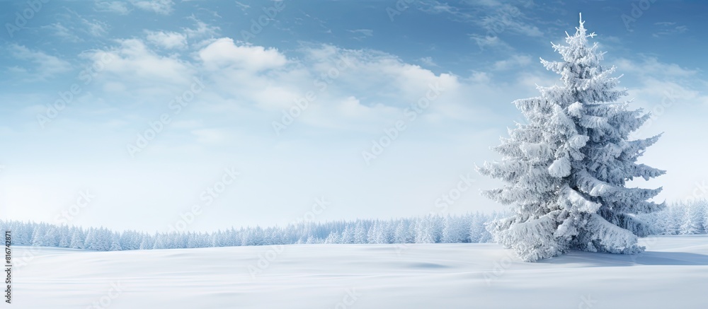 Fototapeta premium A snowy winter scene with a pine tree perfect for copy space images