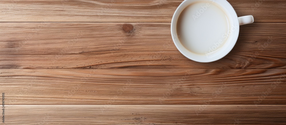 Top view of a white coffee cup on a wooden table with plenty of empty space surrounding the cup for a copy space image Top view of a white coffee cup on a wooden table with plenty of empty space surrounding the cup for a copy space image