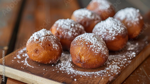 Delectable african puff-puff, a traditional fried dough snack, sprinkled with powdered sugar, served on a rustic wooden cutting board