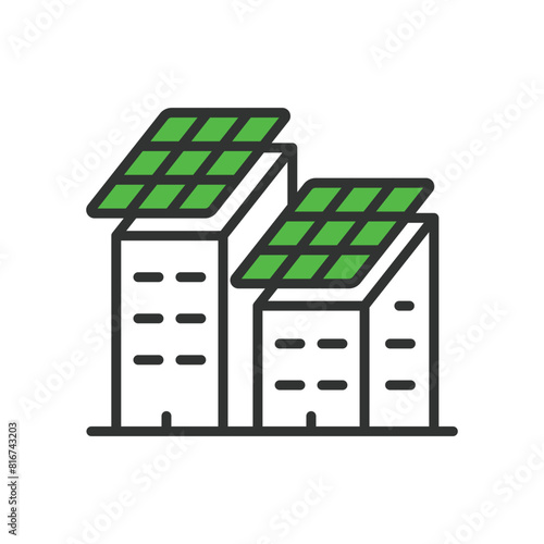 Solar panels on roof, in line design, green. Solar, panels, roof, energy, renewable, green, power on white background vector. Solar panels on roof editable stroke icon.