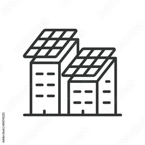 Solar panels on roof, in line design. Solar, panels, roof, energy, renewable, green, power on white background vector. Solar panels on roof editable stroke icon.