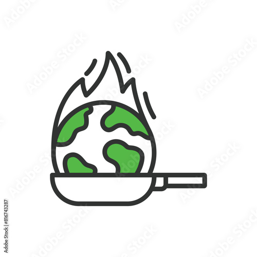 Global warming, in line design, green. Global warming, climate change, greenhouse effect, temperature rise on white background vector. Global warming editable stroke icon.