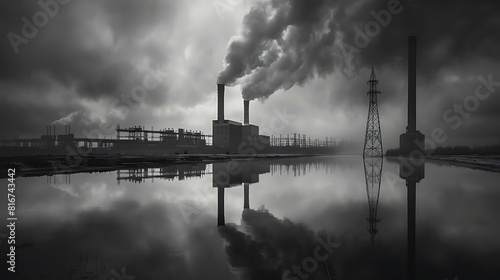 The factory is located on the bank of the river. The factory is polluting the river with its waste. The factory is also polluting the air with its smoke. photo