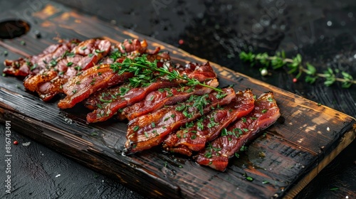 Delicious cooked bacon slices garnished with fresh thyme on wooden serving platter