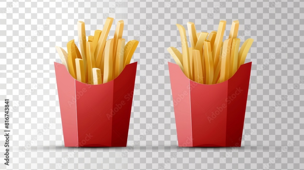 An illustration showing 3D french fries in a red paper box isolated on a transparent background. A realistic modern representation of salty potato snack portion and dipping sauce. Fast food icon. An illustration showing 3D french fries in a red paper box isolated on a transparent background. A realistic modern representation of salty potato snack portion and dipping sauce. Fast food icon.