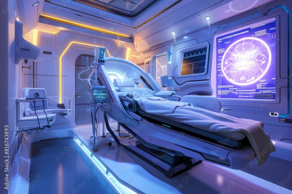Obraz premium A futuristic hospital room filled with advanced technology, featuring a bed as the central piece.