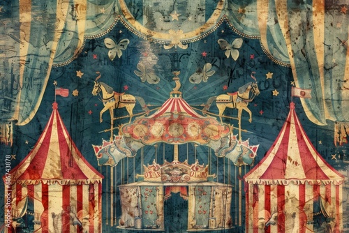 Antique circus design featuring stars, stripes, and carousel horses on a textured background