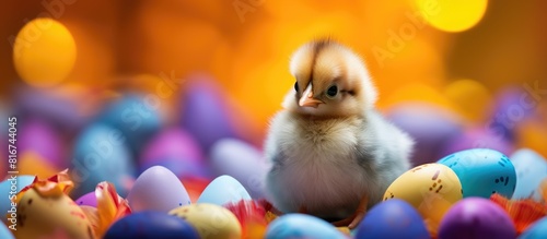 A small chick that is associated with Easter celebrations often depicted in vibrant colors and patterns with a focus on the idea of new life and rebirth The image can be used as copy space 186 charac photo
