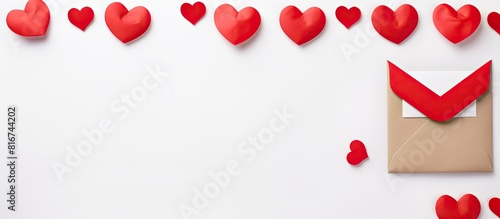 A copy space image of a Valentine s Day concept with a top view of an envelope and red hearts isolated on a white background