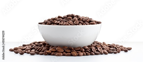 A cup of roasted coffee beans on a white background with plenty of copy space for other elements of your design