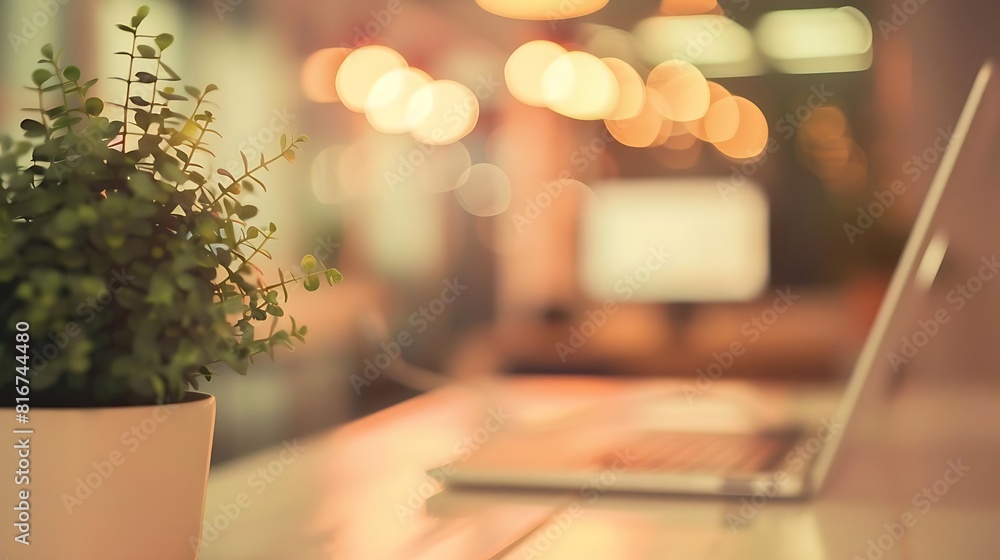 The photo shows a desk with a laptop and a small potted plant on it. The background is blurred and there are some lights in the distance. The photo shows a desk with a laptop and a small potted plant on it. The background is blurred and there are some lights in the distance.
