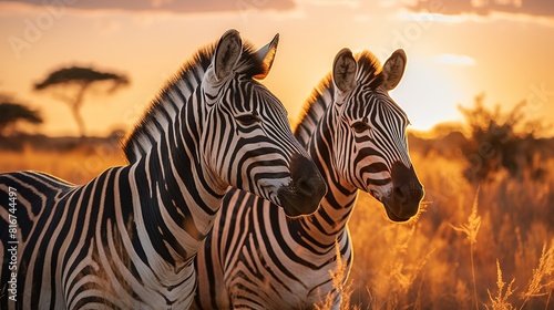 Two zebras standing in a field with the sun setting behind them © GenBy