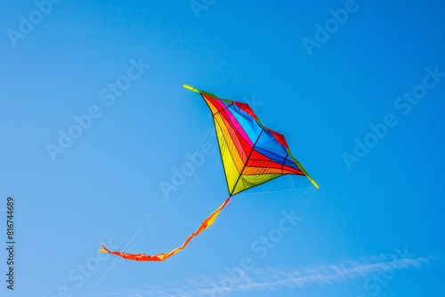 A vibrant kite in various colors flying high against a clear blue sky