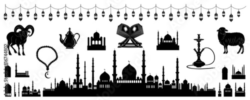 Arabic elements for Islamic holidays Ramadan, Eid Al-Adha, Eid Mubarak. Eastern black silhouette of Arabic city, mosque, Koran, crescent, star, hookah, rosary, lantern garland. Vector illustration.