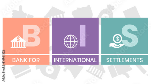 BIS, BANK FOR INTERNATIONAL SETTLEMENTS. Concept with keyword and icons. Flat vector illustration. Isolated on white.
