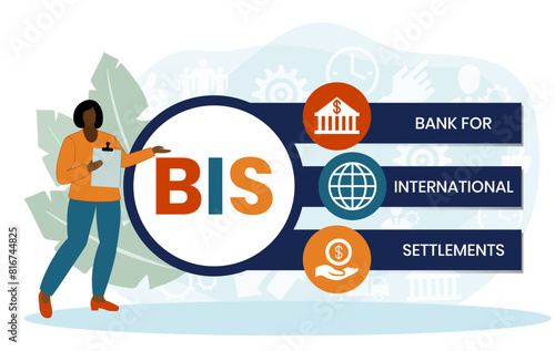 BIS, BANK FOR INTERNATIONAL SETTLEMENTS. Concept with keyword and icons. Flat vector illustration. Isolated on white.