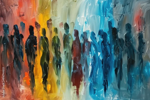 A painting of a group of people standing in a line. Suitable for various business and teamwork concepts