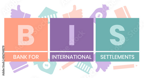 BIS, BANK FOR INTERNATIONAL SETTLEMENTS. Concept with keyword and icons. Flat vector illustration. Isolated on white.