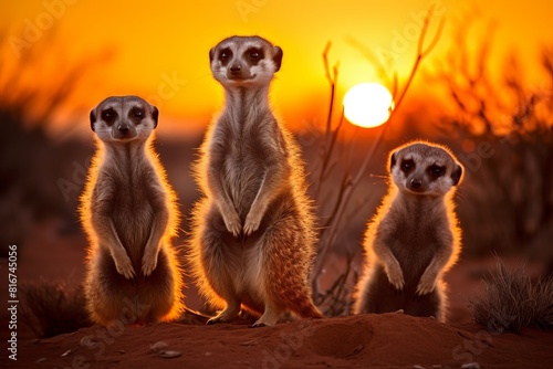 Three baby meerkats standing in the desert at sunset