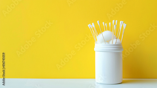 Container with soft cotton wool and swabs on table  photo