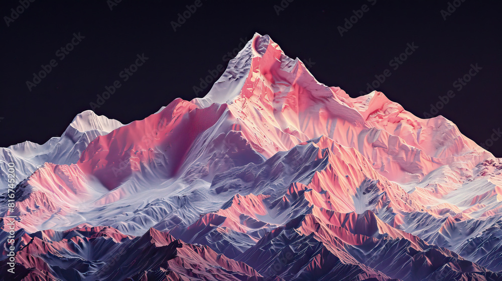 Technical visual mountain 3D LiDAR GIS aerial map, Mount Everest and Himalayas mountains scan isolated against dark black background. Mountainous environment. Mapping, elevation, topography, pink
