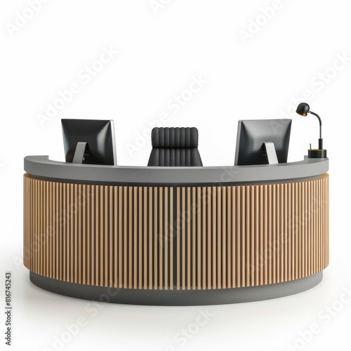 Circular reception desk with two monitors and a keyboard