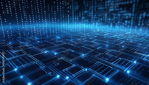A digital-inspired background with a matrix of faint blue binary code on a deep blue base.