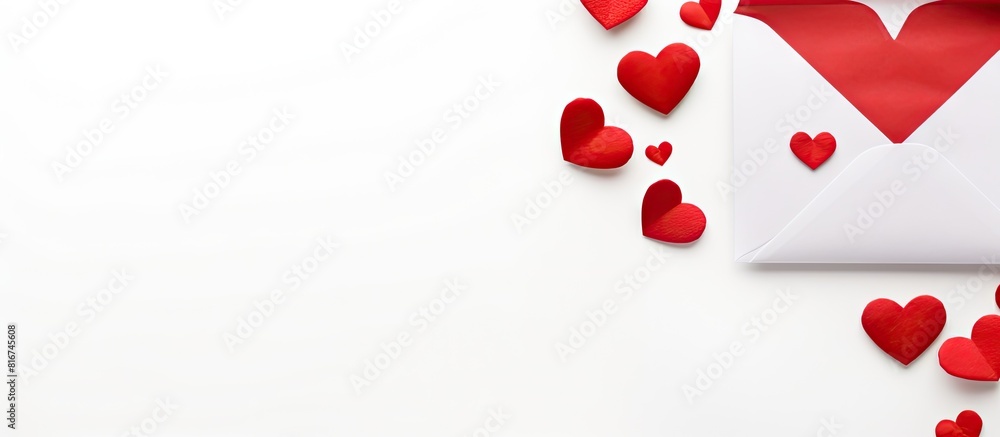 A copy space image of a Valentine s Day concept with a top view of an envelope and red hearts isolated on a white background A copy space image of a Valentine s Day concept with a top view of an envelope and red hearts isolated on a white background