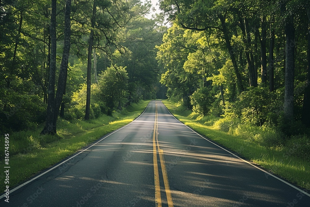 An asphalt road winding through a forest, summer evening