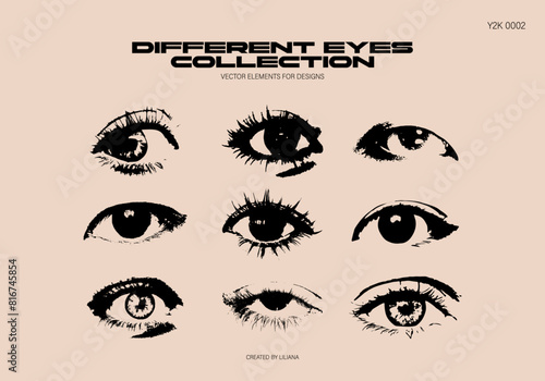 Eyes collection for designs in y2k style. Grunge, gothic, retro, vintage, brutalist, punk set. Elements for posters, banners, t-shirt print,  stickers, labels, etc.