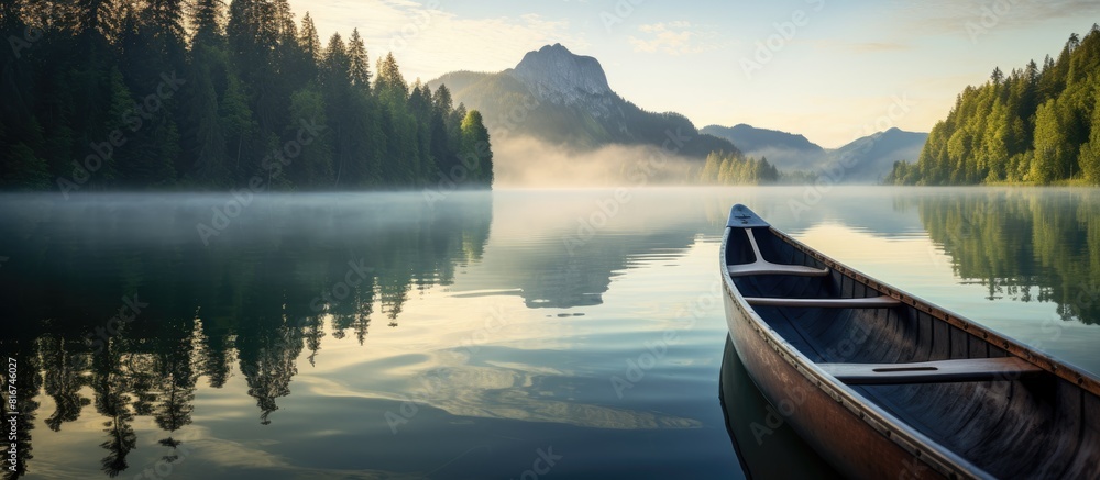 A serene morning on a canoe with a breathtaking backdrop and plenty of empty space for capturing stunning images. with copy space image. Place for adding text or design