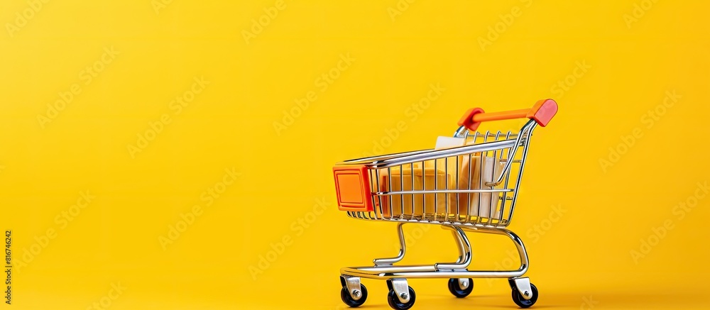 Copy space image of a toy shopping cart on a vibrant yellow backdrop Copy space image of a toy shopping cart on a vibrant yellow backdrop
