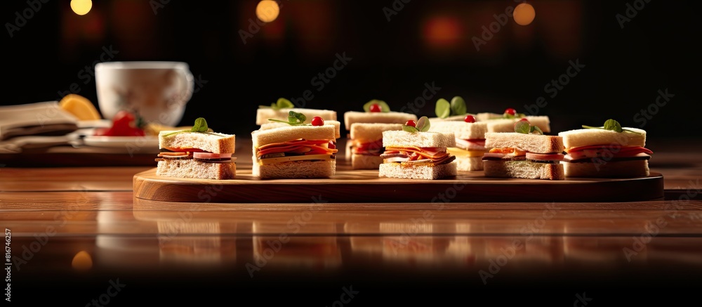 There are tiny snack sandwiches arranged on a bar table providing ample room for adding text in the copy space image