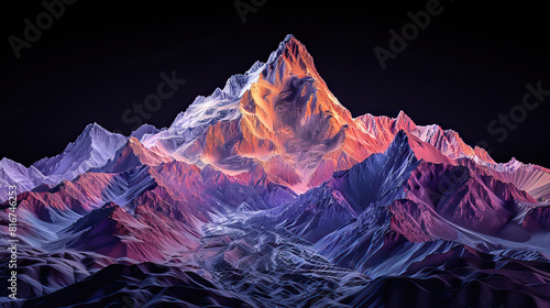 Technical visual mountain 3D LiDAR GIS aerial map, K2 and karakoram mountains scan isolated against dark black background. Mountainous environment. Mapping, elevation, topography, pink photo