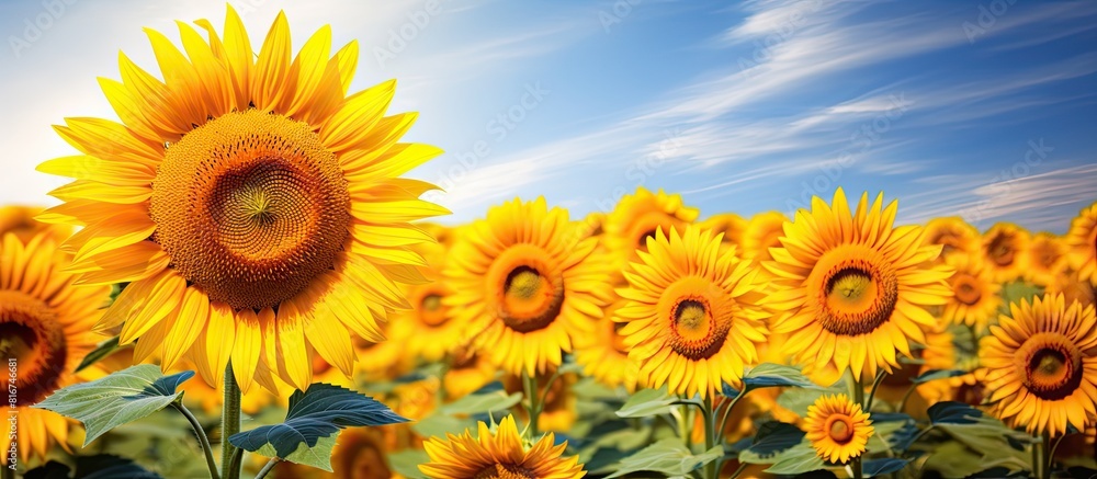 Obraz premium A vibrant sunflower field with plenty of copy space in the background showcasing its full bloom