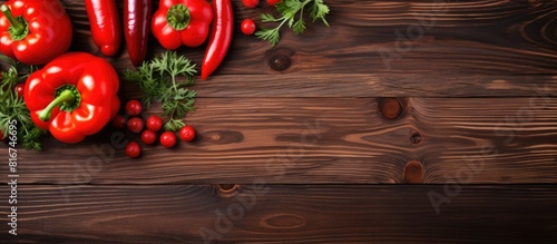 A wooden background with copy space showcases fresh red bell peppers and rosemary on a cutting board exemplifying organic food and fresh vegetables