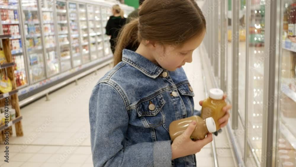 Little teenage girl selects fresh squeezed juice In plastic bottle at