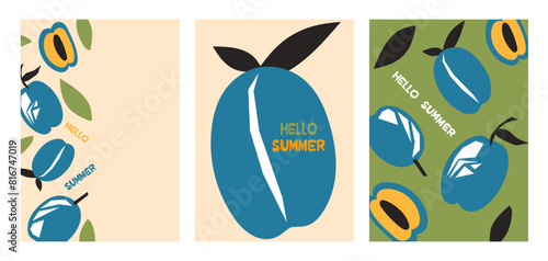Stylish summer poster plum set in flat style. Bright fruit compositions. Set of flyers, posters, banners, placards, brochure design. Hello Summer, backgrounds with slices of fruits.  Vector