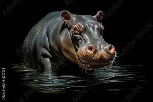 A close up of a hippo's face in a dark background photo