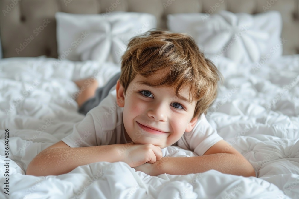 A young boy peacefully laying on a bed. Suitable for various concepts A young boy peacefully laying on a bed. Suitable for various concepts