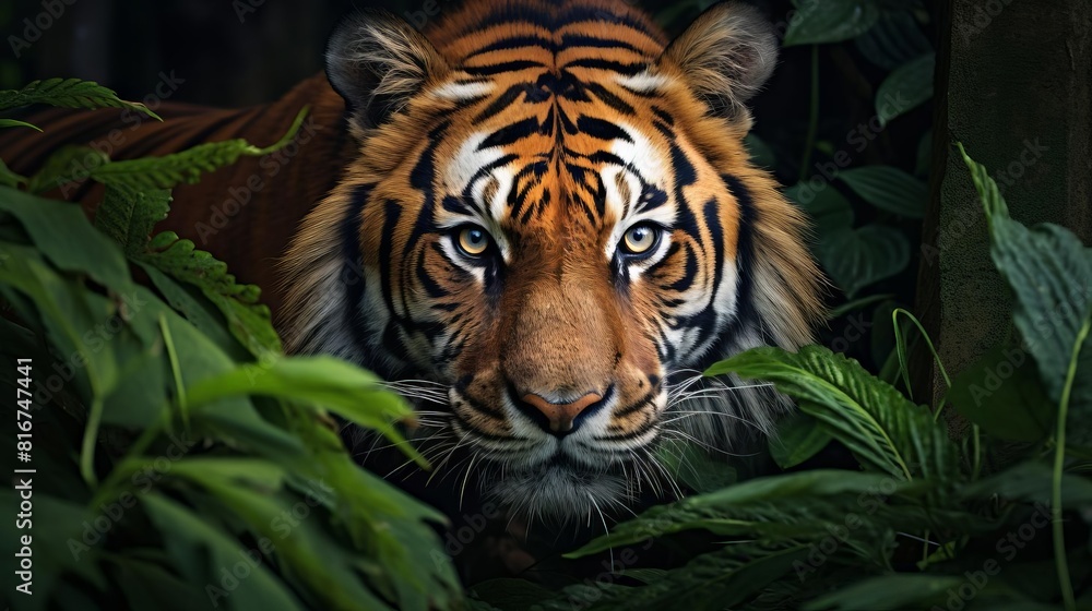 A tiger is looking at the camera in a jungle A tiger is looking at the camera in a jungle